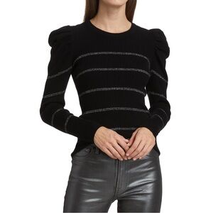 NEW 7 For All Mankind Stripe Rib-Knit Puff-Sleeve Sweater Black & Silver